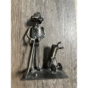 Metal Nut Bolt Golfer Figurine OS Silver Excellent Industrial Art